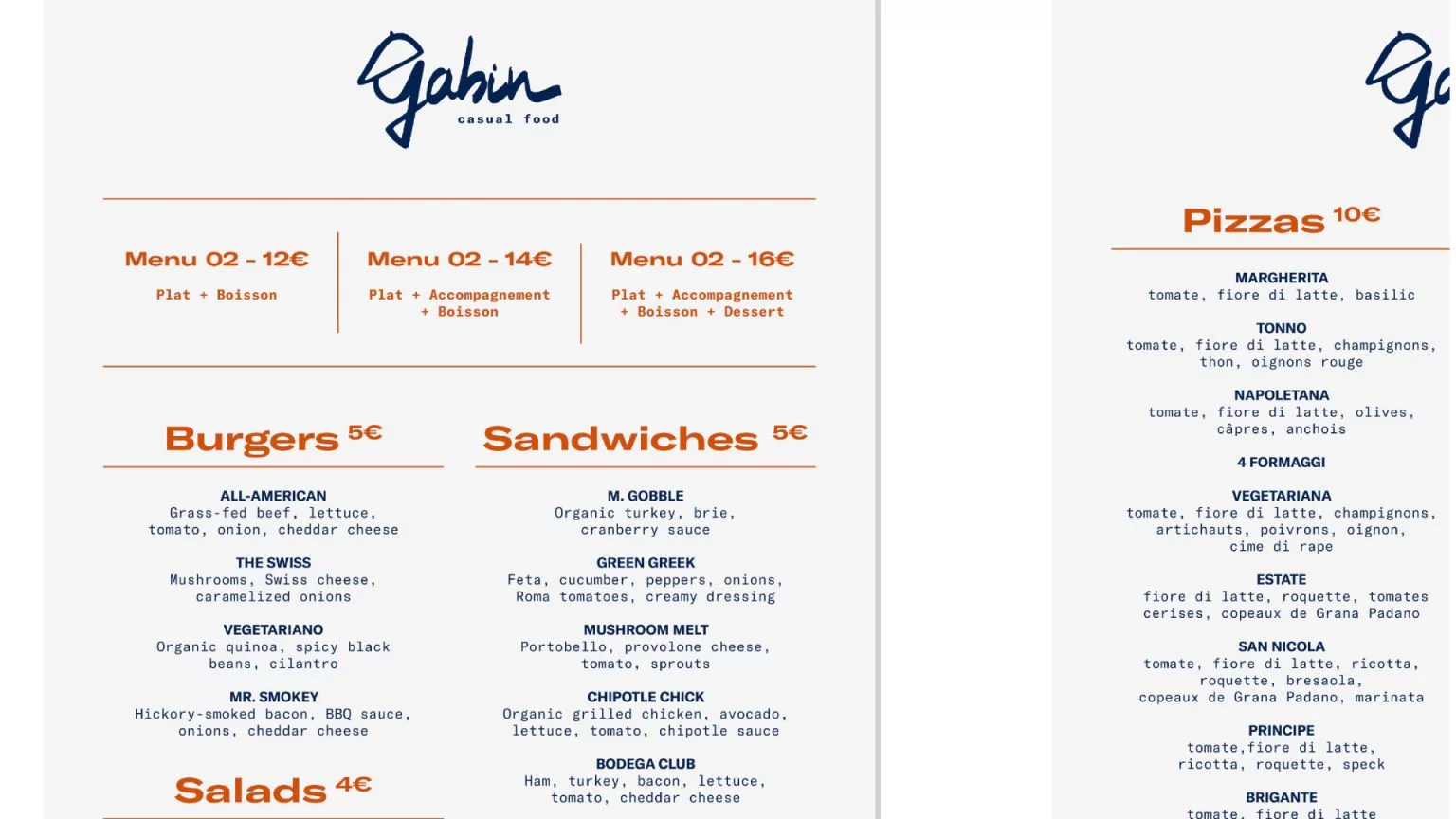 Gabin Restaurant Menu